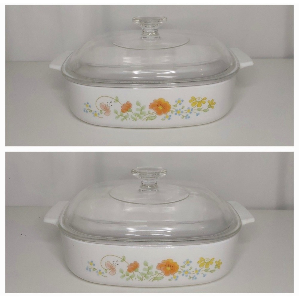 Vintage Corningware Wildflower Baking Casserole Dish Glass Pyrex Lid 1.4L A-8-B